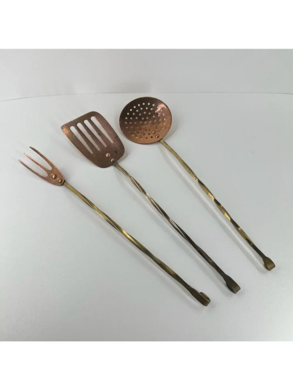 Vintage Copper Brass Kitchen Utensils Set of 3 Long Handle Spatula Fork Skimmer